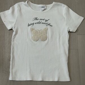 ZARA Kids White T-shirt Sz 11-12 The Art Of Being Wild And Free Pearl Butterfly